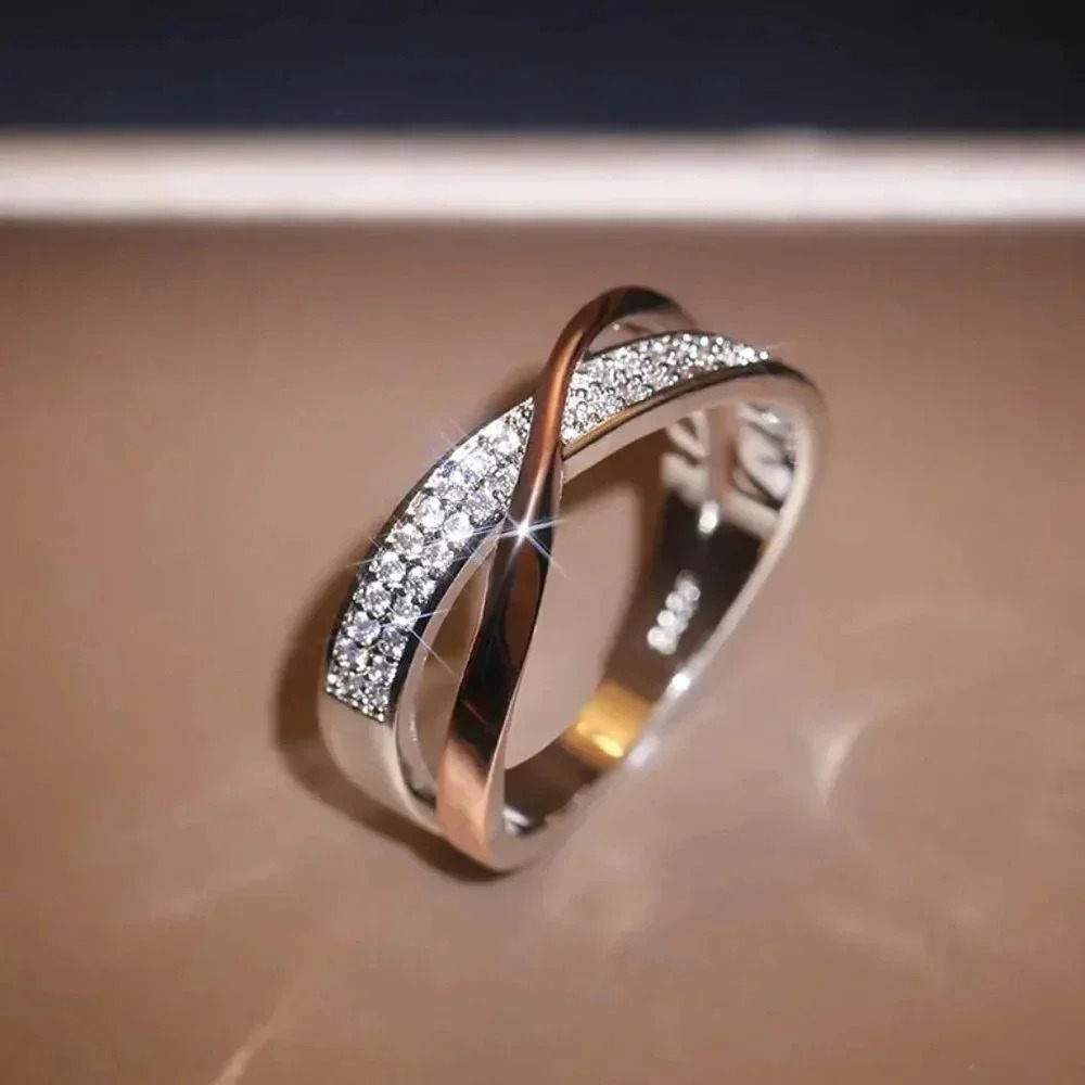 925 Silver Rose Gold Diamond Cross Ring Band